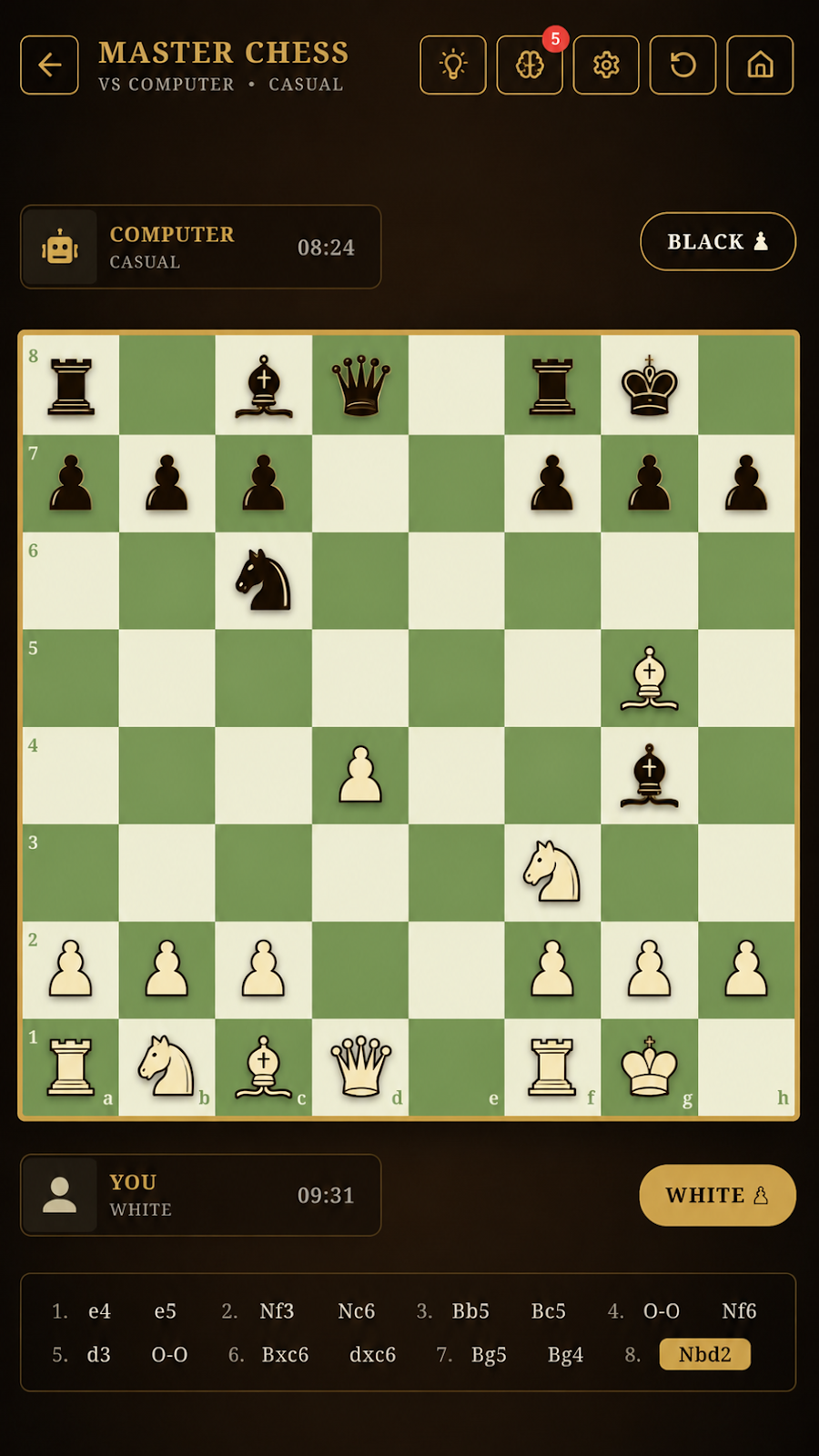 Master Chess tijdens een partij, met het bord en de spelbediening